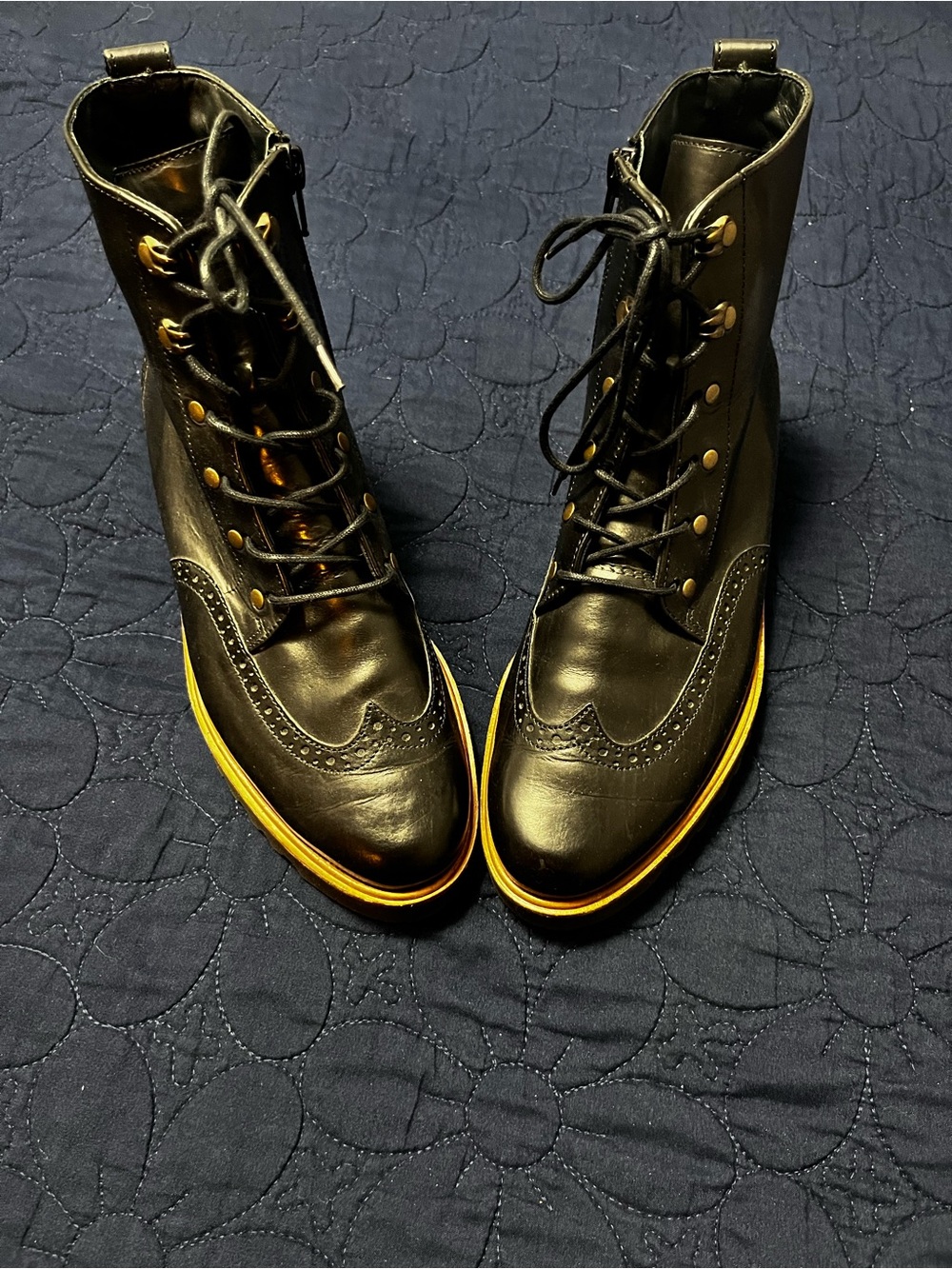 Paul Green Black Lace-Up Wingtip Boots with Yellow Trim